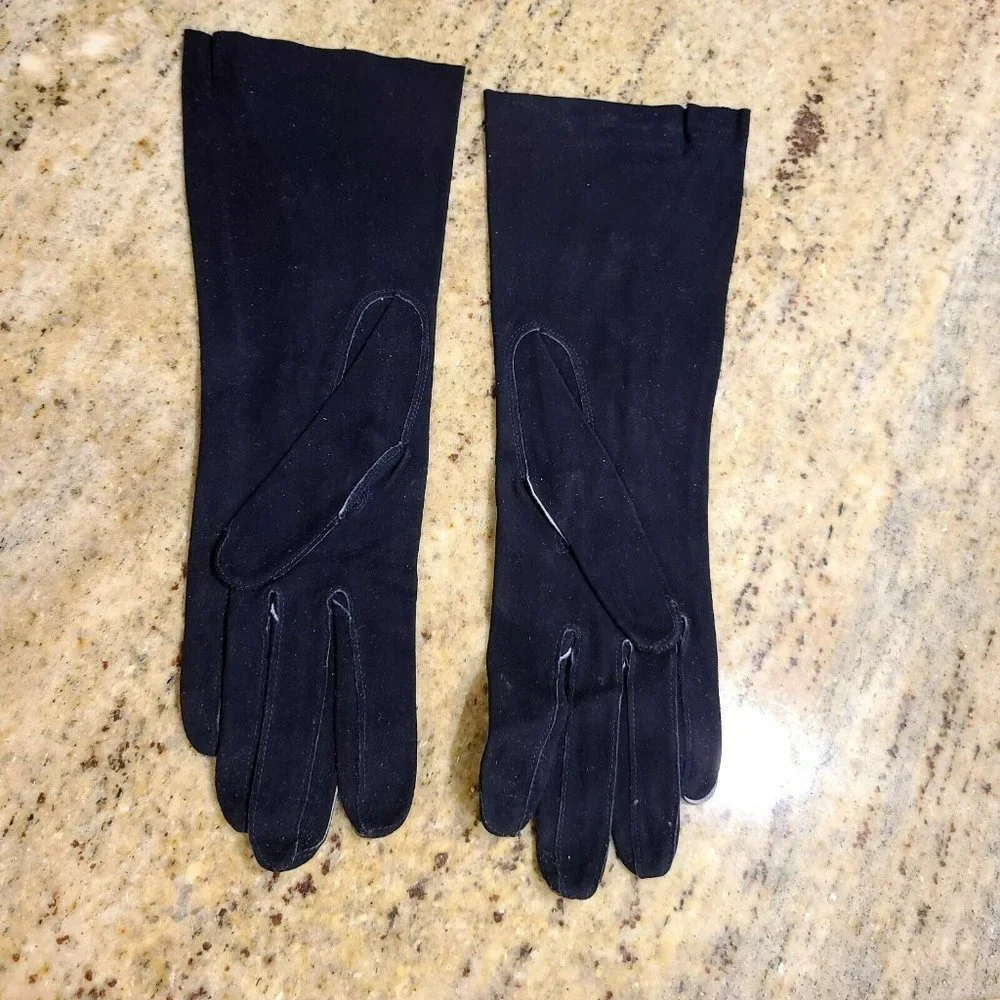 H.A.&E. Smith Ltd. Leather Gloves Suede Black Tailored Flowers Vintage France